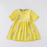 Summer Cotton Blend Flowers Cartoon Pattern Short Sleeves Dress for Stylish Girls