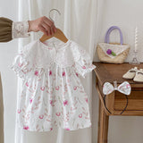 Summer Girls Flowers Pattern Short Sleeves Hollow Out Collar Onesies And Dress – Sister Matching Clothing Set