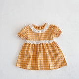 Design Summer Girls Hollow Out Collar Short Sleeves Floral Striped, Plaid Onesies And Dress – Sister Matching Clothing Set