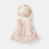 Summer Arrival Baby Girls Cute Floral Printed Pattern Fly Sleeves Tulle Dress with Hat