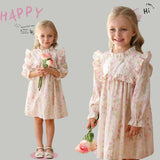 Arrival French Style Autumn Girls Floral Pattern Long Sleeves Ruffle Dress