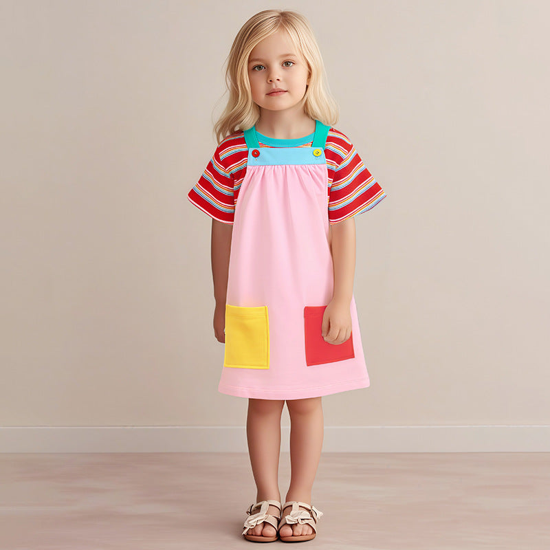 Arrival Summer Baby Girls Short Sleeves Simple Striped Top and Color Patchwork Sleeveless Dress - MyKids-USA™