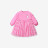 Arrival Autumn Girls Cartoon Rabbit Logo Crew Neck Long Sleeves Pink Tulle Patchwork Princess Dress - MyKids-USA™