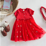 Summer Arrival Baby Kids Girls Short Sleeves Stars and Butterfly Pattern Embroidered Tulle Patchwork Dress