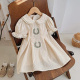 Summer Arrival Baby Kids Girls Cute Short Sleeves Flowers Pattern Embroidered Lace Trim Dress