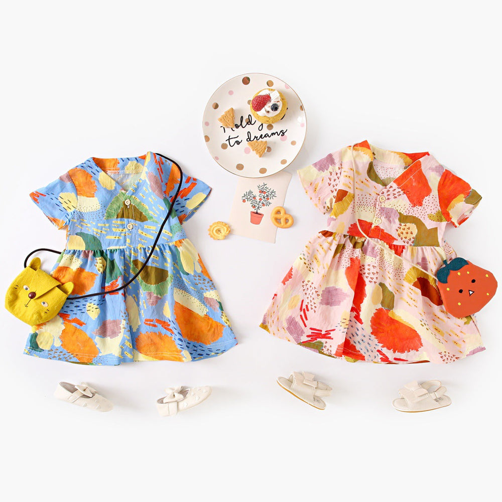Summer New Arrival Baby Girls Casual Colorful Print Short Sleeves V Neck Dress - MyKids-USA™