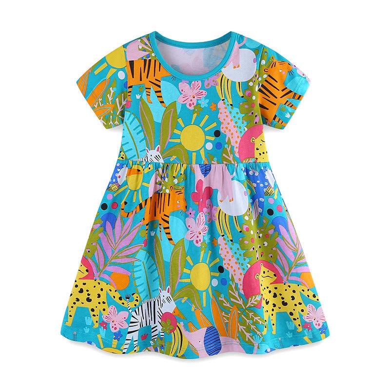 Summer Pure Cotton Cartoon Jungle Animals Pattern Short Sleeves Dress for Stylish Girls - MyKids-USA™