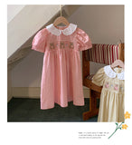 Summer Baby Kids Girls French Short Sleeves Floral Pattern Embroidered Dress