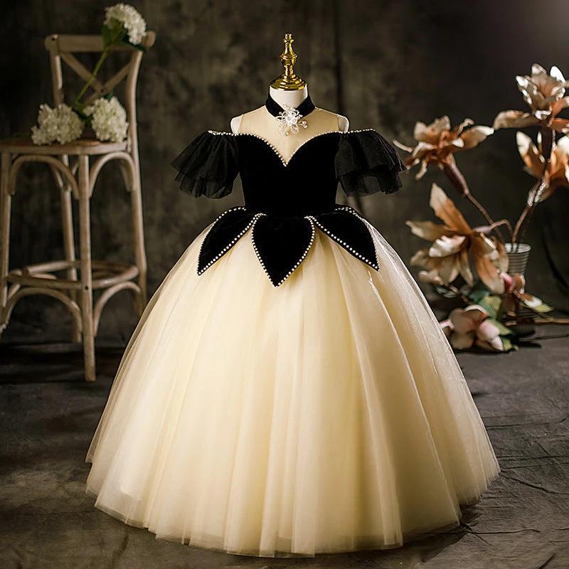 Princess Black Hostess Dress For Girls: Luxurious One-Shoulder Piano Performance Attire - MyKids-USA™