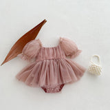 Spring And Summer Baby Girls Short Sleeves Solid Color Mesh Dress - MyKids-USA™