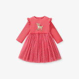 Design Autumn Girls Cartoon Deer Pattern Crew Neck Long Sleeves Tulle Patchwork Dress - MyKids-USA™