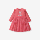 Design Autumn Girls Cartoon Rabbit Pattern Crew Neck Long Sleeves Tulle Patchwork Dress