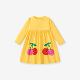Best Selling Cheap Autumn Girls Cartoon Cherry Pattern Crew Neck Long Sleeves Yellow Dress - MyKids-USA™
