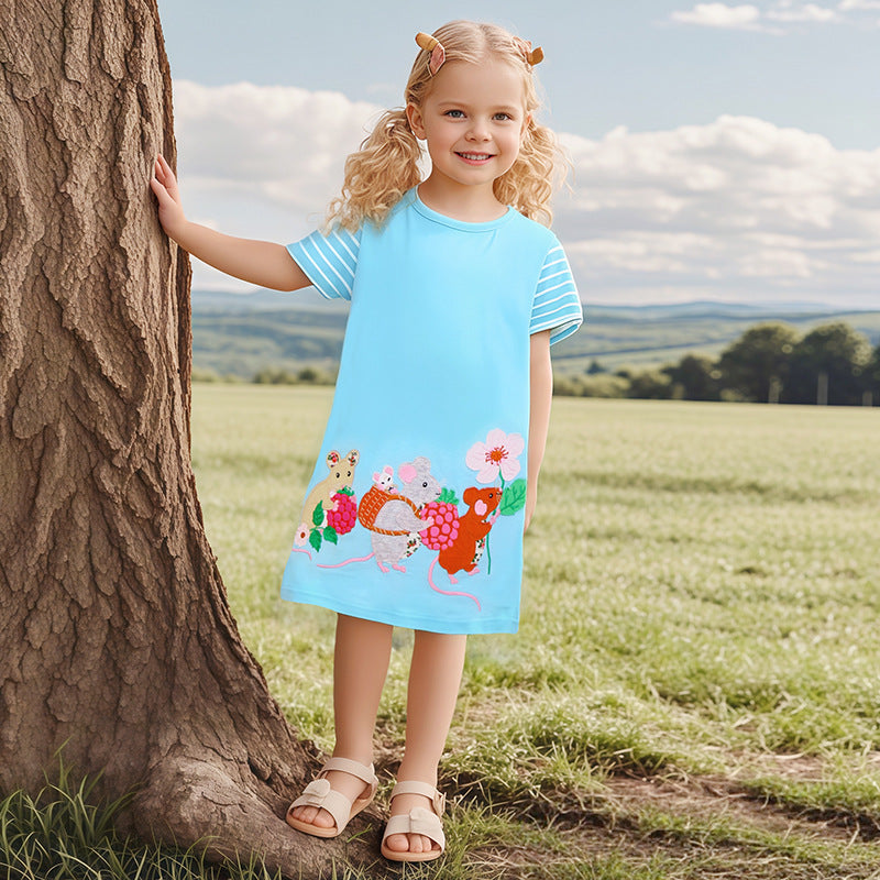 Summer Pure Cotton Animals Cartoon Pattern Short Sleeves Dress for Stylish Girls - MyKids-USA™