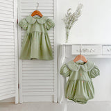 Summer Girls Simple Floral Embroidery Lace Trim Collar Short Sleeves Onesies And Girls’ Dress – Princess Sister Matching Set