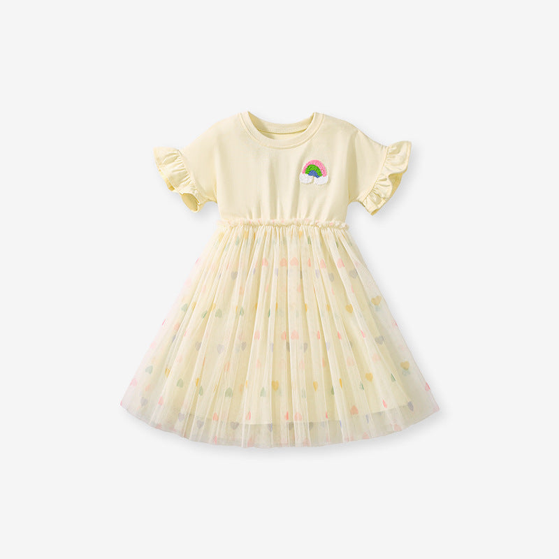 Summer Arrival Rainbow Pattern Short Sleeves Tulle Patchwork Dress for Stylish Girls - MyKids-USA™