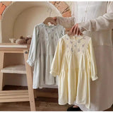 Design Autumn Girls Flowers Embroidery Pattern Long Sleeves French Style Lace Trim Ruffle Neck Dress - MyKids-USA™