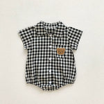 Summer Arrival Baby Boys Plaid and Teddy Bear Pattern Short Sleeves Onesies with Turn-down Collar
