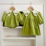 Spring Mesh Patched Design Long Sleeve Green Dress