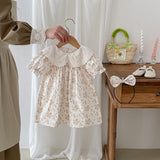 Summer Girls Flowers And Animals Pattern Short Sleeves Hollow Out Collar Onesies And Dress – Sister Matching Clothing Set