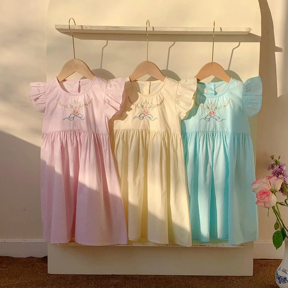 Summer Baby Kids Girls French Fly Sleeves Floral Pattern Embroidered Dress - MyKids-USA™