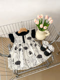 Summer Girls Color Patchwork Floral Pattern Strap Onesies And Fly Sleeves Dress – Princess Sister Matching Set With Shoes - MyKids-USA™