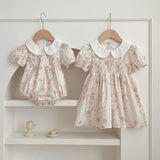 Arrival Summer Girls Peter Pan Collar Short Sleeves Floral Print Onesies And Dress – Princess Sister Matching Set