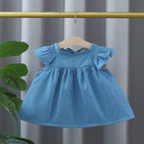 Summer Hot Selling Baby Kids Girls Fly Sleeves Crew Neck Solid Color Denim Dress - MyKids-USA™