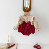 Autumn Arrival Baby Girls Long Sleeves Cherry Print Princess Butterfly-Bows Attached Onesies
