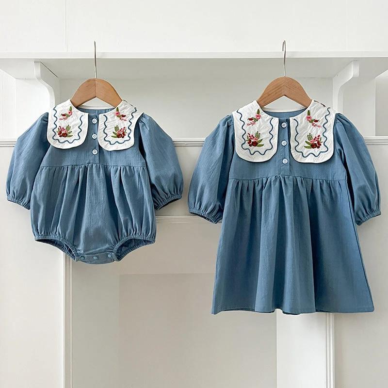 Arrival Autumn Baby Kids Girls Long Sleeves Flowers Embroidery French Collar Onesies and Dress – Princess Sister Matching Set - MyKids-USA™