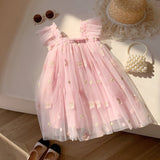Summer Baby Kids Girls Sleeveless Butterfly Embroidered Mesh Design Off Shoulder Strap Dress