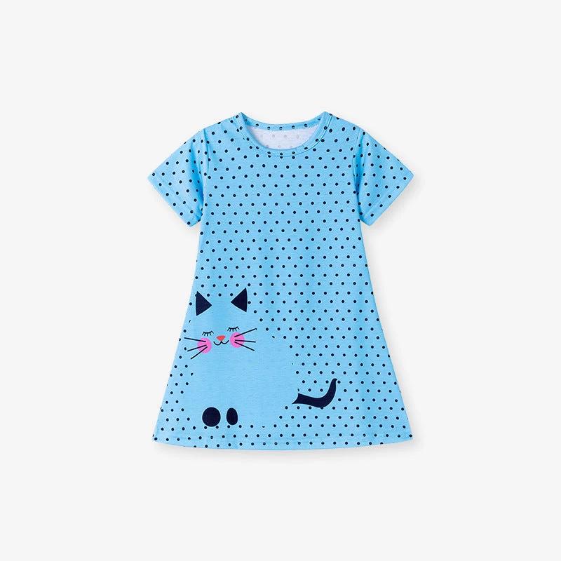 Summer Arrival Cartoon Cat and Dots Pattern Short Sleeves Dress for Stylish Girls - MyKids-USA™