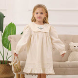 Spring and Autumn Vintage Flowers Embroidered Long-sleeved Dress for Stylish Girls