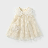 Summer Arrival Baby Girls Cute Floral Pattern Tulle Sleeveless Dress with Collar