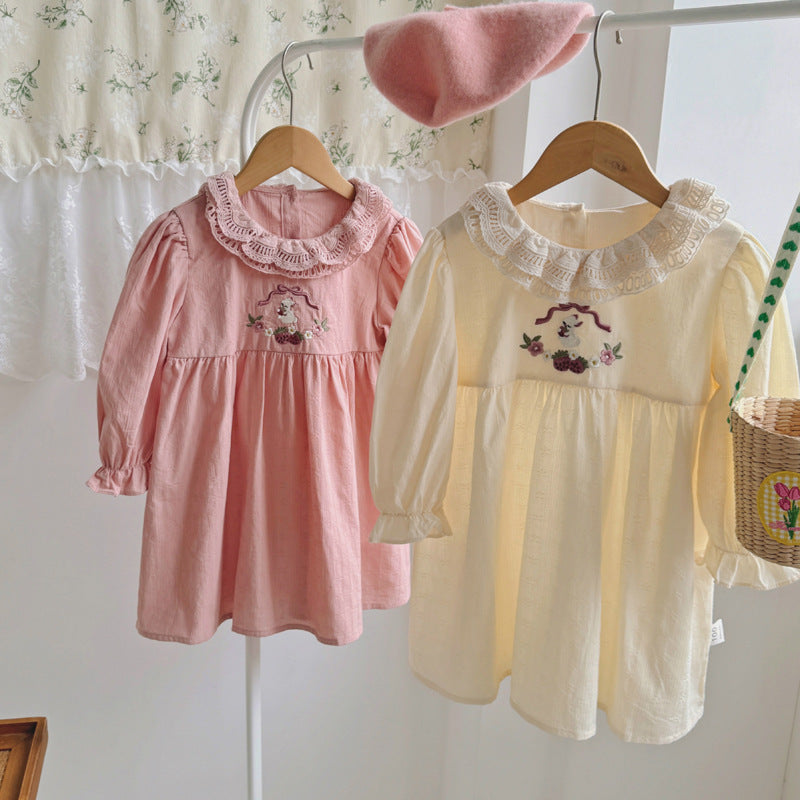 Arrival Autumn Girls Simple Cartoon Embroidery Pattern Long Sleeves Hollow-out Collar Dress - MyKids-USA™
