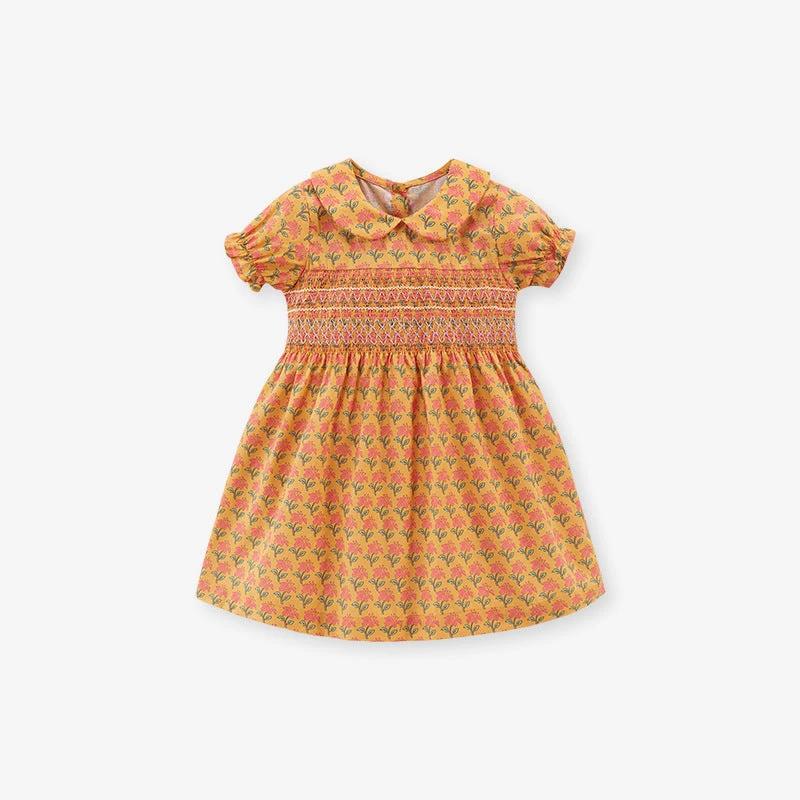 Baby Girls Peter Pan Collar Short Sleeves Floral Vintage Dress - MyKids-USA™