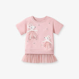 Summer Arrival Dancing Mouse Pattern Short Sleeves Tulle Dress for Stylish Girls