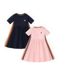 Summer Puppy Logo Short-sleeved Striped Dress with Crew Neck for Stylish Girls