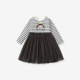Best Selling Autumn Girls Rainbow And Striped Pattern Crew Neck Long Sleeves Tulle Patchwork Dress - MyKids-USA™