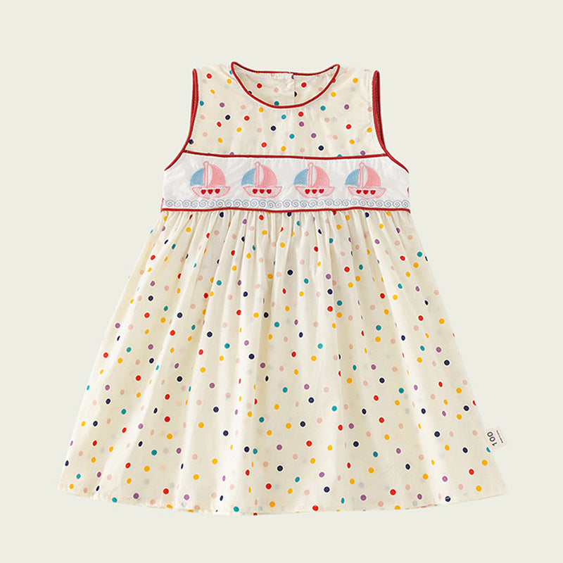 New Design Summer Kids Girls Cute Colorful Dots Sailing Boats Embroidered Sleeveless Dress - MyKids-USA™