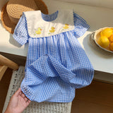 Summer Baby Kids Girls Short Sleeves Crew Neck Duck Pattern Plaid Dress