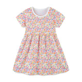 Summer Pure Cotton Colorful Floral Pattern Short Sleeves Dress for Stylish Girls