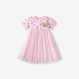 Summer Arrival Polka Dots Pattern Short Sleeves Tulle Patchwork Dress for Stylish Girls
