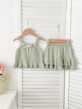 Summer Baby Kids Solid Color and Striped Hollow-out Pattern Sleeveless Top Vest with Skirt Clothing Set for Girls