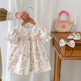 Summer Girls Flowers Pattern Short Sleeves Hollow Out Collar Onesies And Dress – Sister Matching Clothing Set