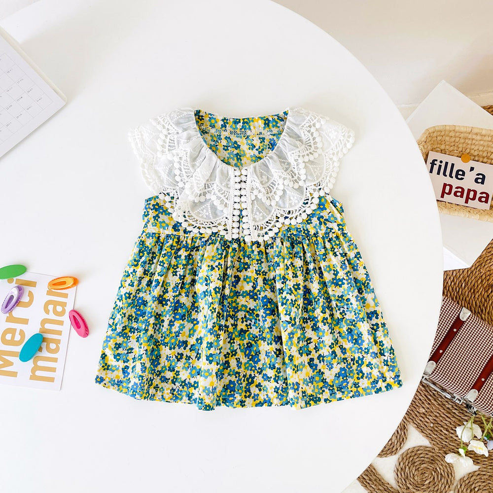 New Design Summer Girls Sleeveless Floral Print Lace Collar Dress - MyKids-USA™