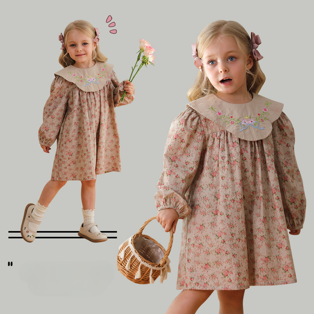 Design Autumn Girls Vintage Floral Long Sleeves Dress with Embroidery Collar - MyKids-USA™