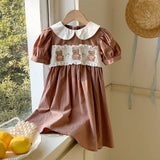 Summer Hot Selling Baby Kids Girls Cute Short Sleeves Teddy Bear Embroidered Dress
