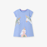 Summer Arrival Unicorn Cartoon Pattern Short Sleeves Dress for Stylish Girls