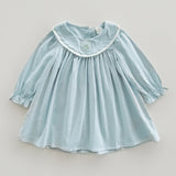 Simple Plain Autumn Girls Flower Embroidery Collar Long Sleeves French Style Dress